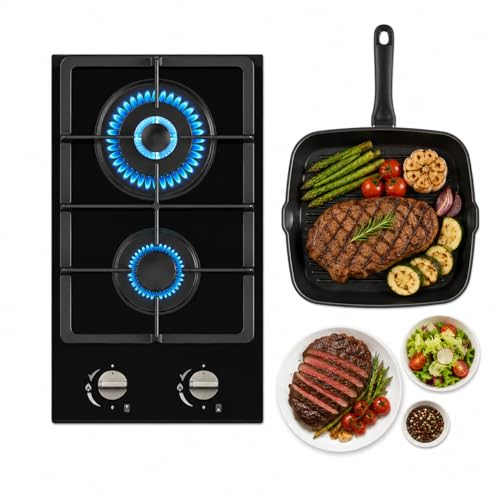 ANHANE 12-Inch Gas Cooktop, 2 Burner Drop-In Propane Stove Top, 14,600 BTU NG/LPG Dual Fuel Stainless Steel RV Cooktop with Auto-Shutoff Protection for Tiny Homes, Apartments & Campers