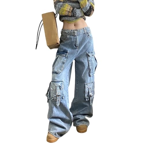 Women's Workwear Jeans with Multiple Pockets, high Waist, Loose