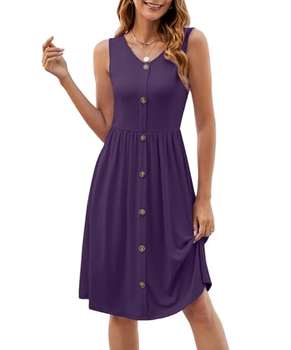 Image of KUOTAI Womens Summer Dresses Sleeveless Casual Loose Swing Button Down Midi Dress V-Neck Flowy A-Line Sundress(Purple, Medium)