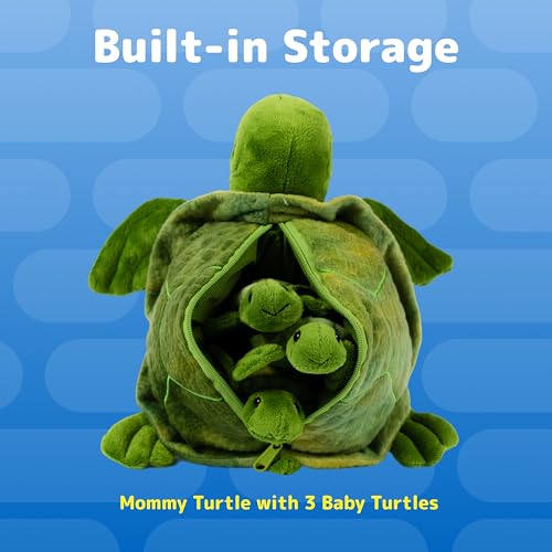 Image of PREXTEX Plush Turtle Toy with 3 Baby Stuffed Turtles - Big Mom with Zipper Storage - Soft Reptile Toys for Kids Ages 3-5 - Cuddly Stuffed Set - Thoughtful Gift for Animal Lovers & Toddlers