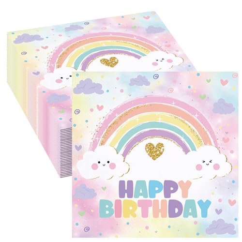 Tcoyodw 80 Pcs Pastel Rainbow Birthday Paper Napkins Rainbow Cloud Theme Disposable Napkins Soft Color Party Supplies for Girls Happy Birthday Table Decorations