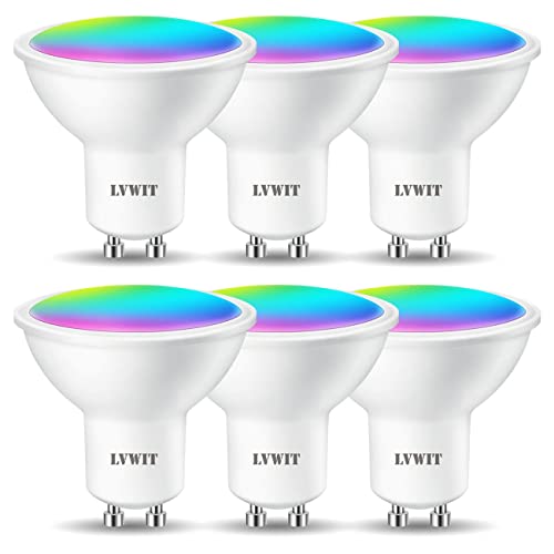 LVWIT LVWIT Lampadina LED GU10 da Incasso Smart Wifi,5W Equivalenti a 32W, 350Lm,Compatibile con Alexa,Echo e Google Assistant,RGB Intelligente Dimmerabile,Controllo Remoto da App,Pacco da 6 Pezzi