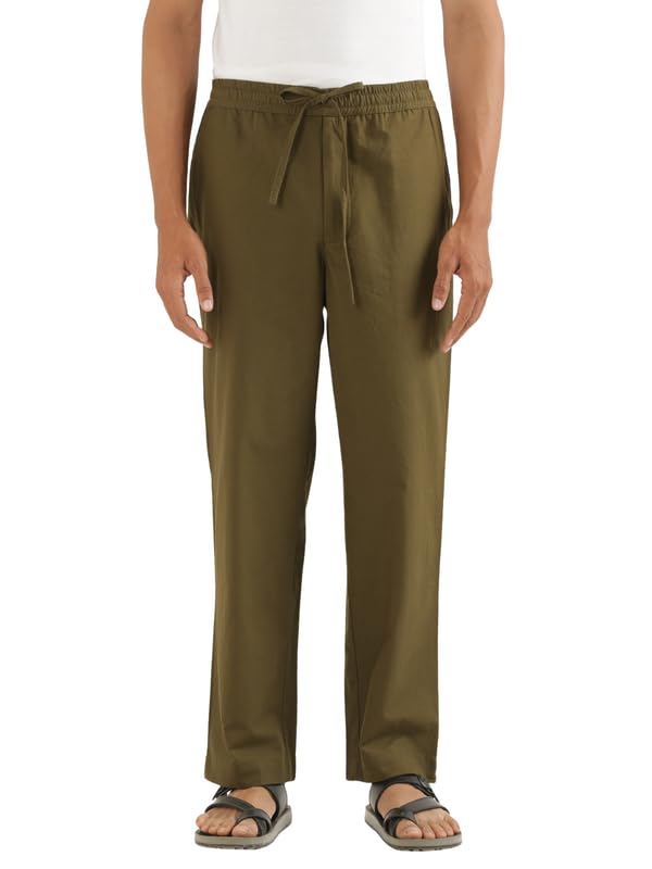 Image of SAADAA Men's 100% Cotton Pants | Mid-Rise Straight Fit Casual Trousers with Elastic Waistband and 3 Pockets | Everyday Wear