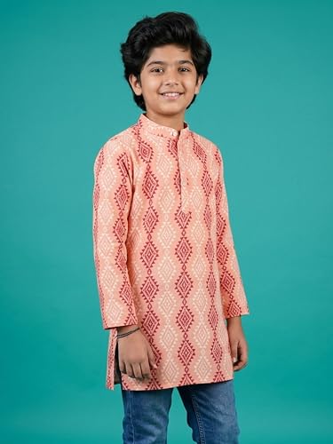 Image of KiddoPanti Boys 100% Cotton Ethnic Motif Printed Short Length Kurta