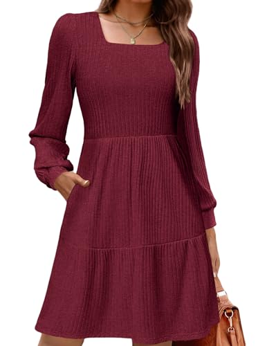 Zeagoo Strickkleid Damen Langarm Kleid A Linie mit Taschen Elegante Puff Langarmkleid Herbstkleid Knielang Leichtes Kleid für Herbst Winter Weinrot M