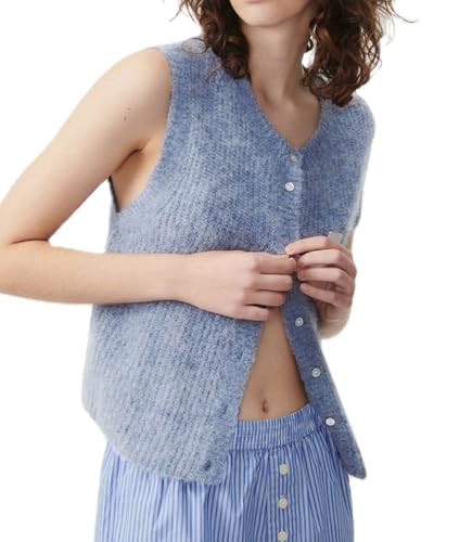 Image of UAURORAO Women Chunky Sweater Vest Button Down Crochet Cable Knit Cardigan Sleeveless Open Front Knitted Crop Waistcoat
