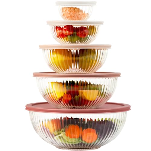 Glass Mixing Bowls with Lids Sets, 5 Packs Glass Bowls with Lids for Kitchen Baking, Meal Prepping and Salad, Bpa Free and Dishwasher Safe Serving Bowls, 0.2/0.5/1.1/2.1/3.7Qt