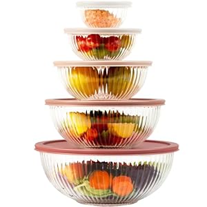 Glass Mixing Bowls with Lids Sets, 5 PCS Glass Bowls for Kitchen service | For Baking, Meal Prepping and Salad, Bpa Free, Microwave, Dishwasher and Oven Safe Serving Bowls, 0.2/0.5/1.1/2.1/3.7Qt