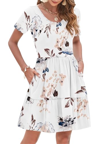 Image of AUSELILY Women Summer Dress Casual Short Sleeve Crew Neck Mini Dresses Beach with Pockets