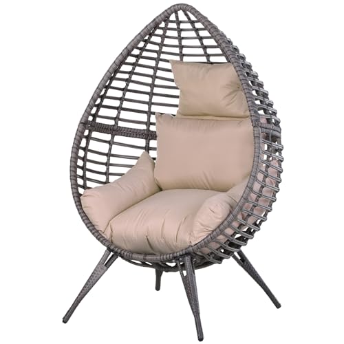 Outsunny Garden Egg Chair, Teardrop Outdoor PE Rattan Chair with Full-body Soft Padded Cushion, Grey