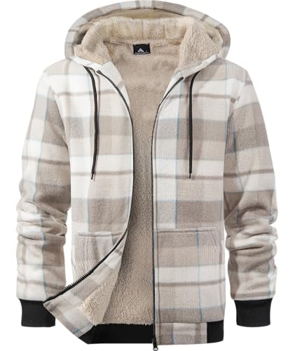 Image of Mens Plaid Hoodies Winter Zip Up Fleece Jacket Sherpa Fleece Lined Warm Flannel Jacket Coat