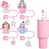 Pink Straw Toppers with Charms Set, Angel Girl Straw Covers Cap with Clip-on Bling Heart Charms for 30oz 40 0z Stanley Tumblers, 10mm Cute and Shiny Modern Simple Tips Fits Stanley Accessories