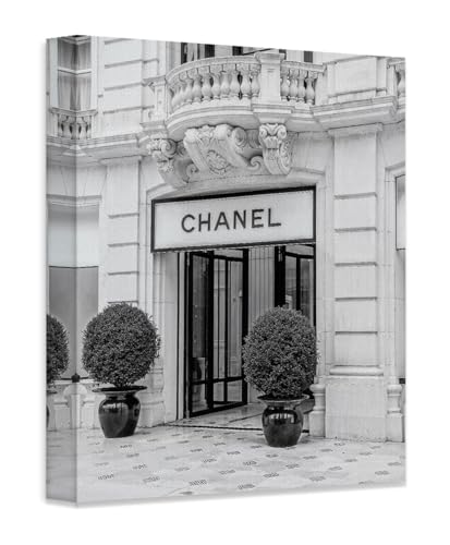 Luxury Black & White Photo 16x20 Stretched Canvas Poster-Paris Boutique Facade - Fashion Enthusiasts & Luxury Shoppers, Dorm Decor, Iconic Brand Store, Classy Aesthetic, Wall Art for Boutique Interior