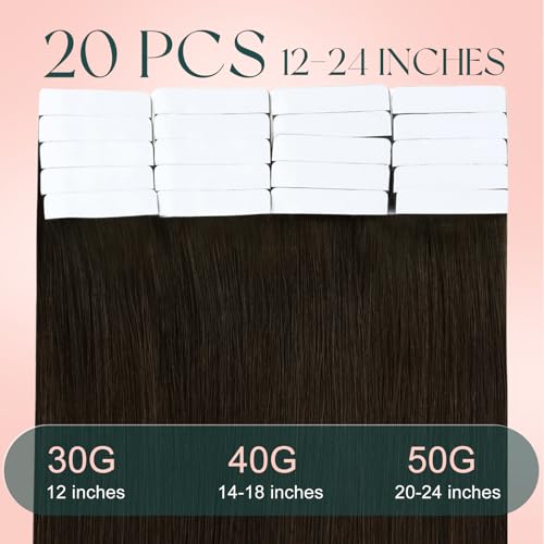 Image of Easyouth 24 Inch Tape in Hair Extensions Human Hair Brown Tape ins Human Hair Extensions Dark Brown 20pcs Tape in Extension Human Hair Add Hair Length 50g Long Straight Hair