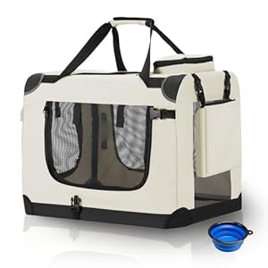 Juskys Hundetransportbox Lassie S faltbar & tragbar 34x50x36 cm mit Decke, Tasche & Griffen - Faltbare Transportbox für Hunde, Katzen & Haustiere - Oxford Stoff Hundebox Auto Hundetasche - Beige