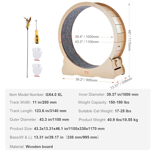 VEVOR Wooden Cat Exercise Wheel, 43.3" Large Cat Treadmill Wheel for Indoor, Running Wheel with Detachable Carpet & Teaser for Running/Walking/Training, Suitable for Most Cats by VEVOR - Image 7