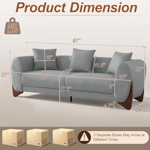 Image of 87 inch Faux Leather Cloud Couch Modern 3 Seater Sofa with Solid Wood Legs, 25 inch Extra Deep Seat, Comfy Thick Cushion Upholstered Sofa Couches with 3 Pillows for Living Room, Light Grey