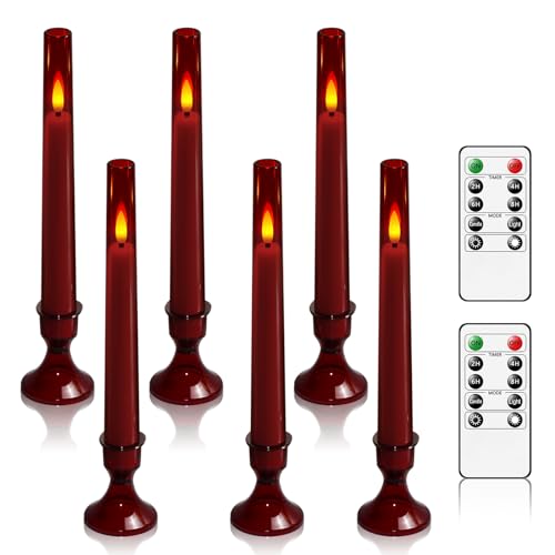 Flameless Taper Candles,with Remote and Timer Flickering Flameless Candles,6 Pack Led Candles,with Base Battery Operated Candles， Taper Candles for Home, Wedding, Party (Red)