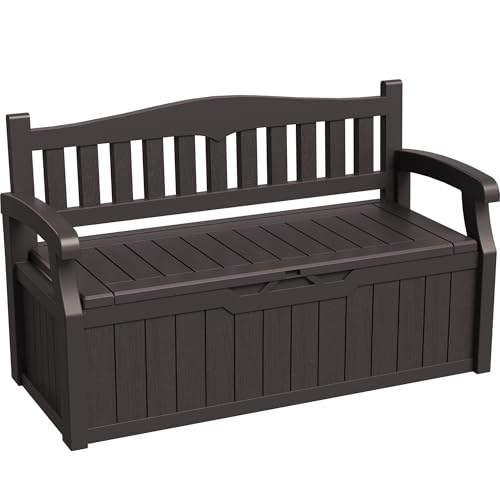 Image of Greesum 80 Gallon Storage Bench Outdoor Deck Box with Armrest, Brown