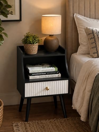 Image of ETIQUETTE ART Modern Fluted Nightstand with Drawer and Open Storage Shelf, Bedside Table with Round Edge, Boho Night Stand with Solid Wood Legs & Knob Handle End Table for Bedroom (Black&White)