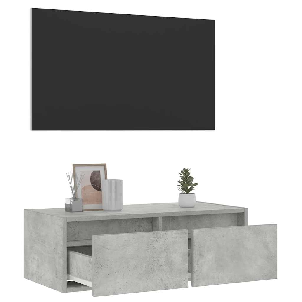TV meubel met LED verlichting, beton grijs, 75x35, 5x25 cm, wandmontage mogelijk, multimedia kast met lade, slaapkamer of woonkamer meubel, duurzaam houtvezelmateriaal, RGB DVD en boeken