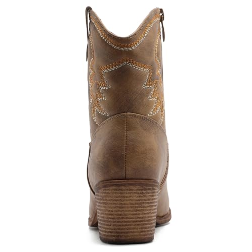 Image of GLOBALWIN Women's Cowgirl Boots Ankle Brown Cowboy Boots With Embroidered Stitching Low Heel Comfortable Western Boots For Country Outfits