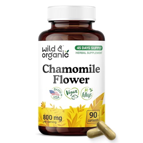 Wild & Organic Chamomile Capsules 800 mg - Relaxation & Digestive Support - Herb Chamomile Powder Supplement - Matricaria Recutita Flower - Vegan No Fillers Non-GMO - 90 Count