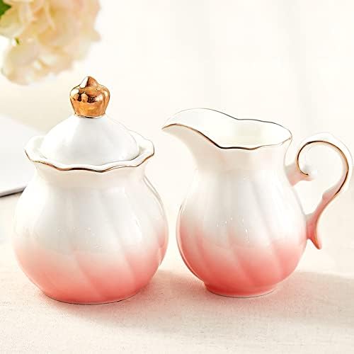 DUJUST Cream & Sugar Set, Luxury British Design in Golden Trims, 1 Sugar Bowl with Lid (12 OZ), 1 Creamer (8 OZ), Handcrafted Sugar Creamer Set, Decoration for Kitchen - Gradient Pink