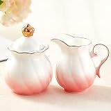 DUJUST Cream & Sugar Set, Luxury British Design in Golden Trims, 1 Sugar Bowl with Lid (12 OZ), 1 Cr