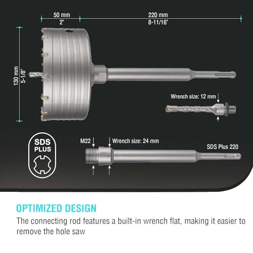 Image of BINOTA 130 mm (5-1 /8 inch) Concrete Hole Saw with SDS-Plus Shank | Tungsten carbide drill bit; SDS-Plus shank (220 mm); Cross-type center drill; Dry drilling for concrete /brick /stone /masonry