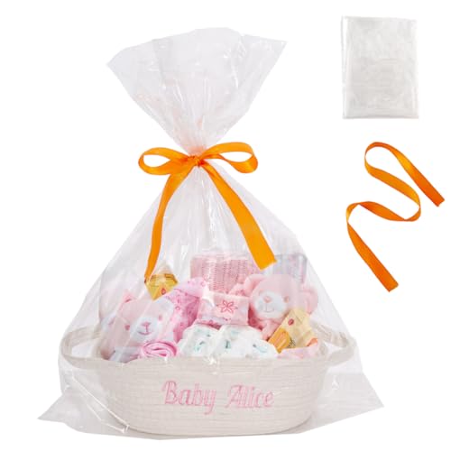 Ulico Personalized Small Woven Basket with Gift Bags and Ribbons,Cute Baby Gift Basket for Nursery, Empty Decorative Gift Box, Cotton Rope Shelf Storage Basket with Handle,Different Size White