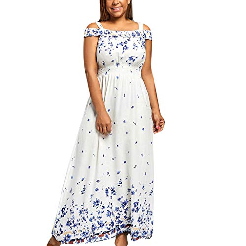 Lotus.Flower Plus Size Womens Fashion Casual Bohemian Print Slash Neck High Waist Dress White