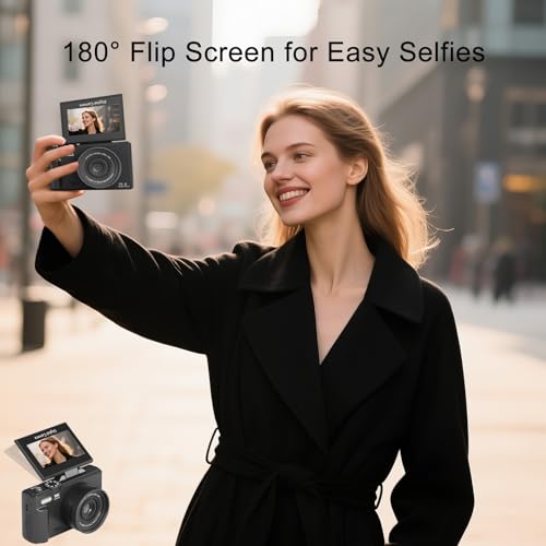 Digitalkamera 5K 75MP Kamera Fotokamera und Vlogging mit WiFi, 64GB Karte, 18X Digital Zoom, 3,0\ LCD 180° Kompaktkamera Fotoapparat für Reisen, YouTube, Anfänger und Erwachsene (Black)