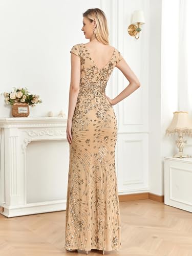 Image of Womens Sequined Long Evening Gown Glamous Sleeveless V-Neck Mermaid Prom Dress for Wedding Party Club Occasions