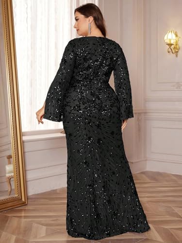 XUIBOL Plus Size Long Glitter Mermaid Dress for Mother of The Bride Women's Long Sleeve V-Neck Sequin Formal Gown Black 18