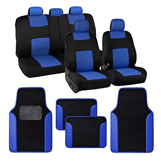 BDK PolyPro Blue Car Seat Covers Full Set with 4-Piece Car Floor Mats - Two-Tone Seat Covers for Cars with Carpet, Interior Covers for Auto Truck Van SUV