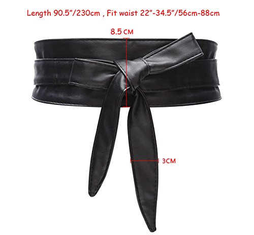 Aecibzo Women's Pu Leather Self Tie Wrap Around Obi Waist Band Cinch Boho Belt (Black,Fit Waist 22”-34.5”) #TOP6