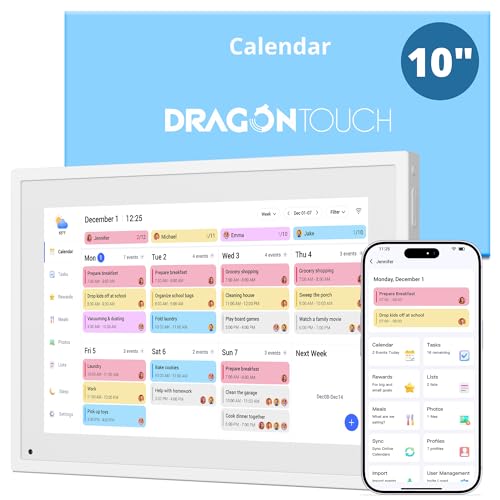 Digital Calendar Touch Screen 10 Inch, Electronic Calendar Chore Chart for Family Monthly/Weekly/Daily Planner, Smart Calendar for Home Organization, Desk Mount and APP Control by Dragon Touch - Used condition - US$56.34