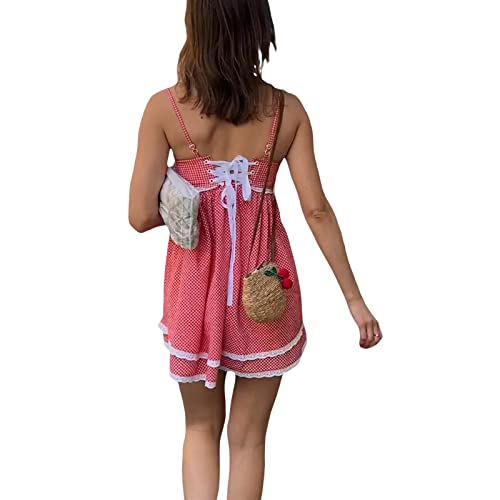 Image of Women's Summer Casual Mini Dress Plaid Lace Trim Sleeveless Dress Tie Up Backless Spaghetti Straps Sweety Dress (A-Red Plaid, L)