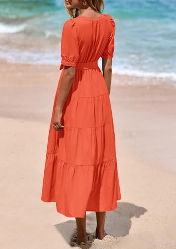 PRETTYGARDEN Summer Dresses for Women 2026 Elegant Classy Short Sleeve V Neck Ruffle A Line Belted Long Beach Vacation Dress (Orange,Medium) — view 2