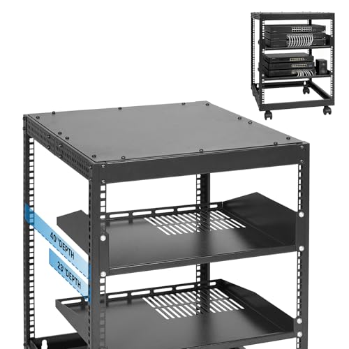 VEVOR 12U Open Frame Server Rack, 23-40 in Adjustable Depth, Free Standing or Wall Mount Network Server Rack, 4 Post AV Rack with Casters, Holds All Your Networking IT Equipment AV Gear Router Modem