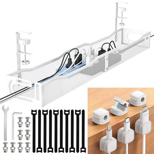 NoetixCo Cable Management Under Desk, 25.3'' No Drill Desk Cable Management Tray with Clamp, Metal Cord Organizer for Standing Desk, Computer Wire Management for Home Office & Gaming Setup, White