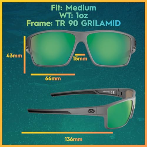 Flying Fisherman Mojarra Polarized Rectangular Sunglasses, Matte Gray Frame/Amber-Green Mirror Lens, Medium3