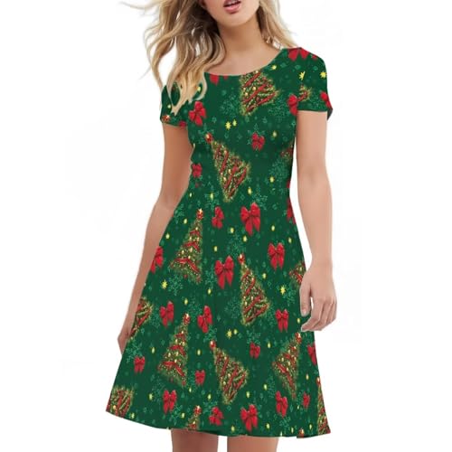 Image of POLERO Women Puffy Swing Elegant Party Midi Dresses Short Sleeve Round Neck A-Line Dress