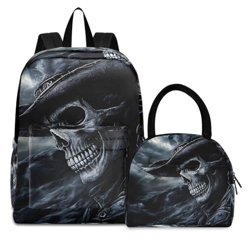 Backpack Lunch Bag Set Portrait Dark Skull Print, Big Storage Travel Backpacks with Insulated Lunch Box for Office Hiking Picnic