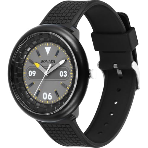 Image of Sonata Excl Fkt (F1 Plastics) Plain 3 Hands Grey Round Dial Black A1Polyurethane Strap Men's Watch - 77121PP03W
