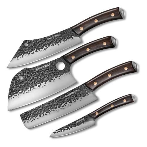 SANDEWILY 4-Piece Butcher Knife Set with 7” Cleaver, 8” Chef