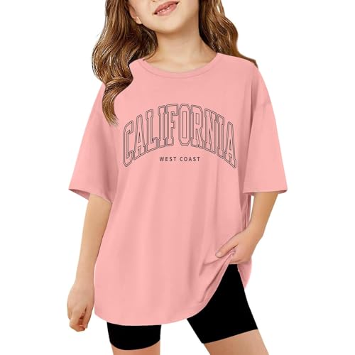 California T Shirts for Girls Letter Print Graphic Tees Oversized Casual Loose Drop Shoulder Short Sleeve Basic Summer Tops