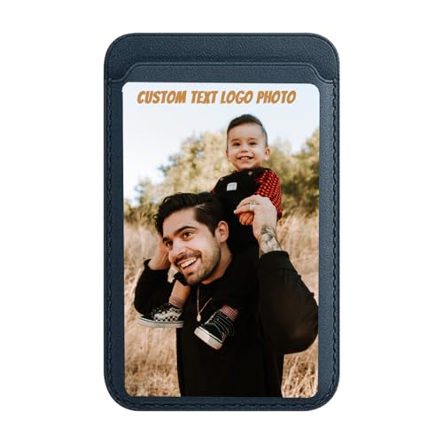 Custom Leather Wallet for iPhone 16/15/14/13/12 Pro/Max/Plus/Mini Phone & Magnetic Case, Customizable Photo Text Words DIY Gift for Mens Ladies,RFID Card Holder with MagSafe Magnet Closure,Navy