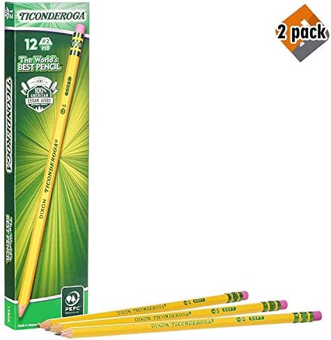 TICONDEROGA Pencils, Wood-Cased #2 HB Soft, Pre-Sharpened with Eraser, Yellow, 12-Pack (13806) - 2 Pack